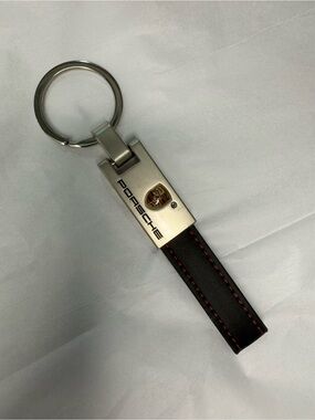 Porsche Leather Keychain Black Red Stitch Metal Key Ring Clearwater Dealer NEW